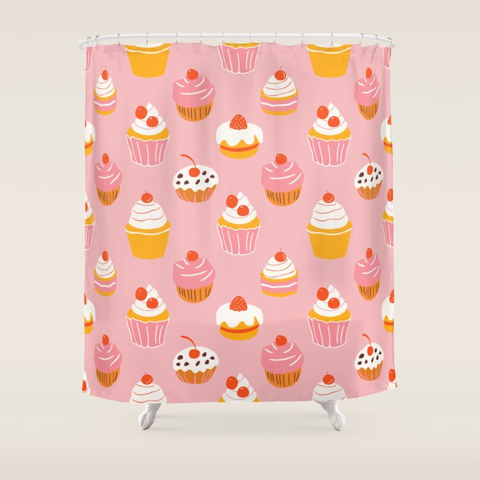 Pink cupcake cartoon food pattern Shower Curtain Gallery Image 1