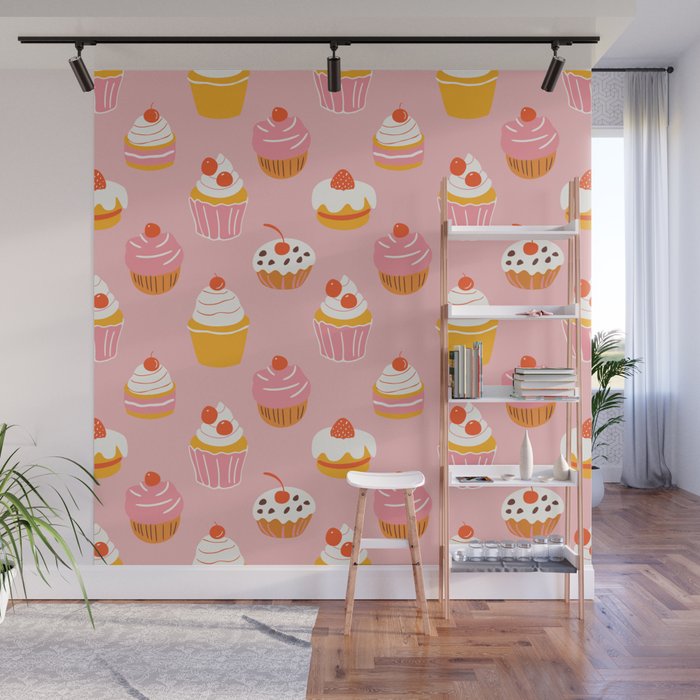 Pink cupcake cartoon food pattern Wall Mural Gallery Image 1
