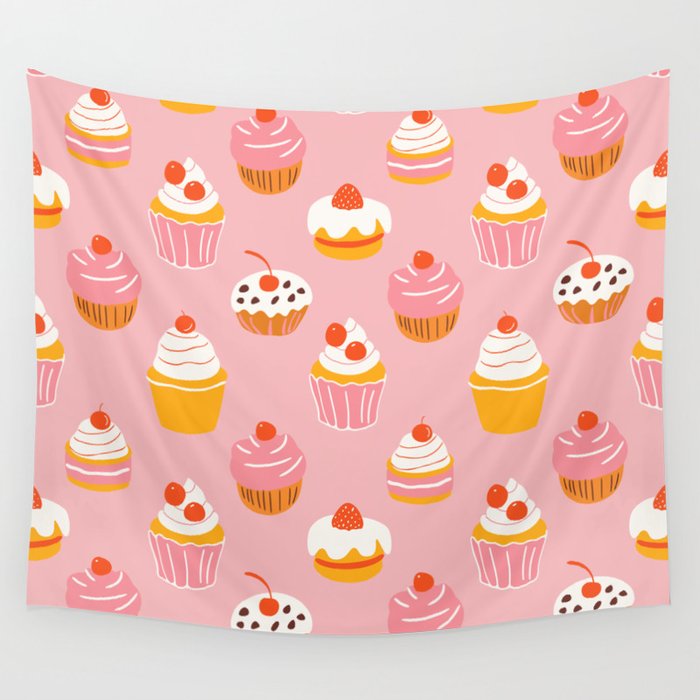 Pink cupcake cartoon food pattern Wall Tapestry Gallery Image 4