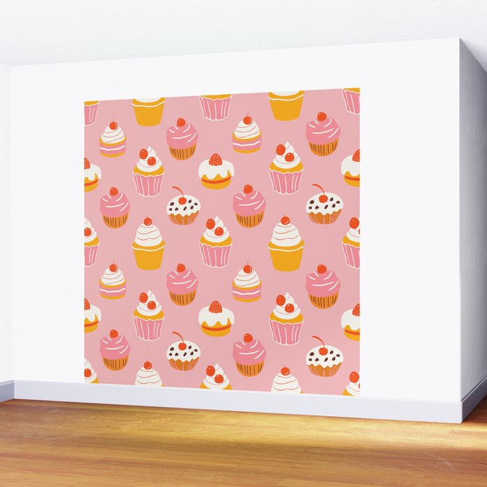Pink cupcake cartoon food pattern Wall Mural Gallery Image 2