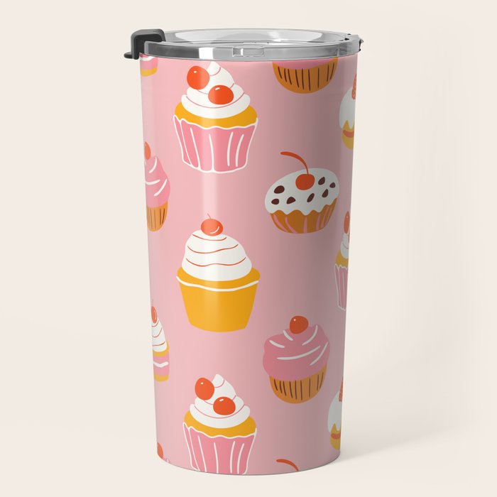 Pink cupcake cartoon food pattern Travel Mug Gallery Image 3