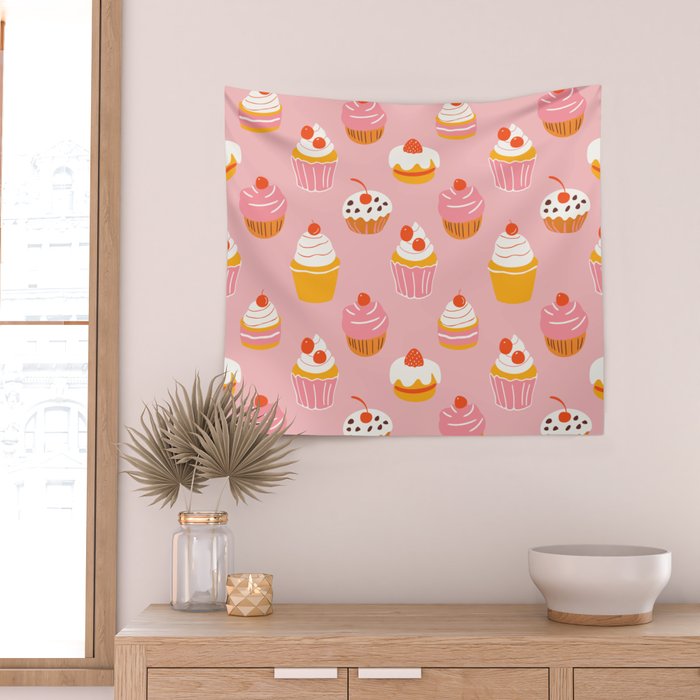Pink cupcake cartoon food pattern Wall Tapestry Gallery Image 2