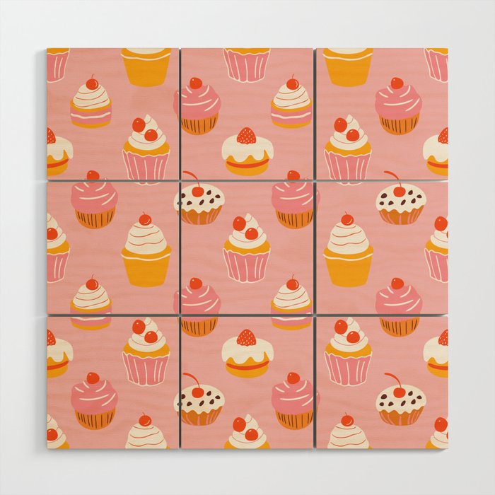 Pink cupcake cartoon food pattern Wood Wall Art Gallery Image 1