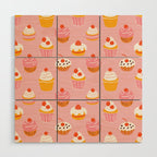 Pink cupcake cartoon food pattern Wood Wall Art Gallery Image 1