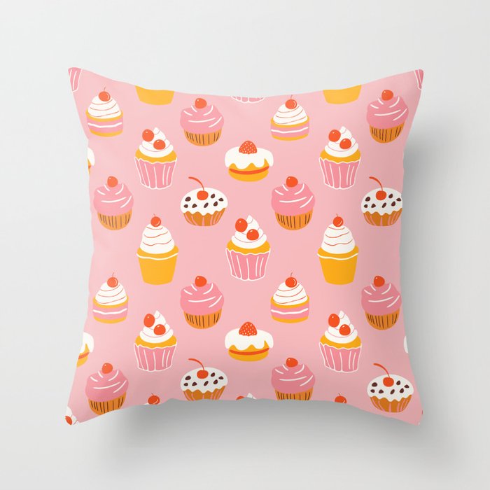 Pink cupcake cartoon food pattern Throw Pillow Gallery Image 1