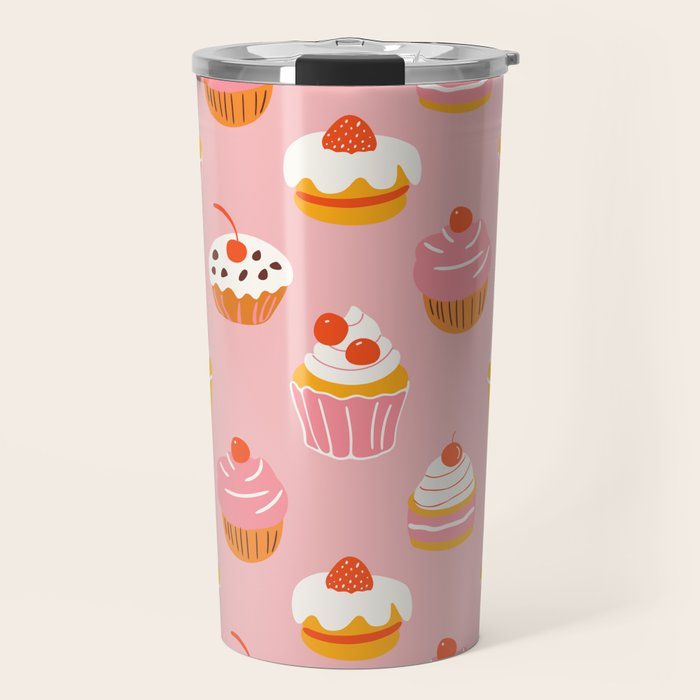 Pink cupcake cartoon food pattern Travel Mug Gallery Image 1