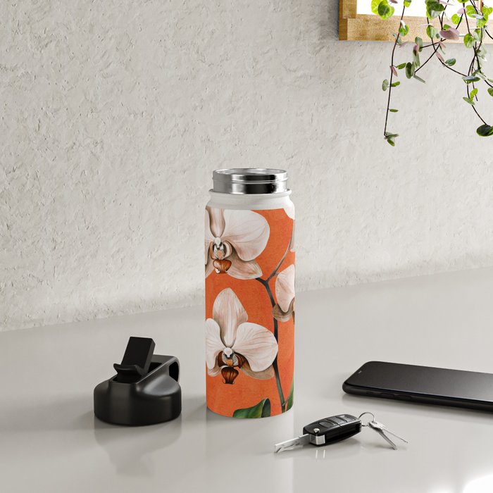 White Orchid Floral Art 3  Water Bottle Gallery Image 4