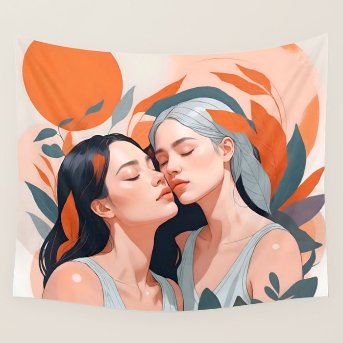 Closeness, Two Women Feminism Painting, Youth Friendship Companion LGBTQ, Lovers Couple Coral Spring Wall Tapestry Gallery Image 4