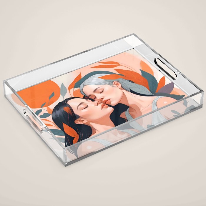 Closeness, Two Women Feminism Painting, Youth Friendship Companion LGBTQ, Lovers Couple Coral Spring Acrylic Tray Gallery Image 1