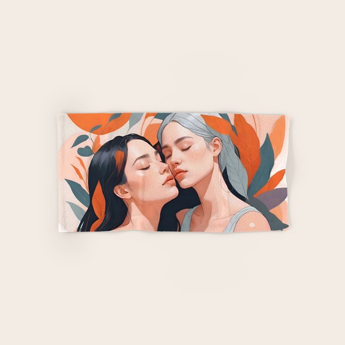 Closeness, Two Women Feminism Painting, Youth Friendship Companion LGBTQ, Lovers Couple Coral Spring Bath Towel Gallery Image 1