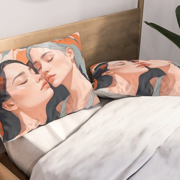 Closeness, Two Women Feminism Painting, Youth Friendship Companion LGBTQ, Lovers Couple Coral Spring Pillow Sham Gallery Image 2