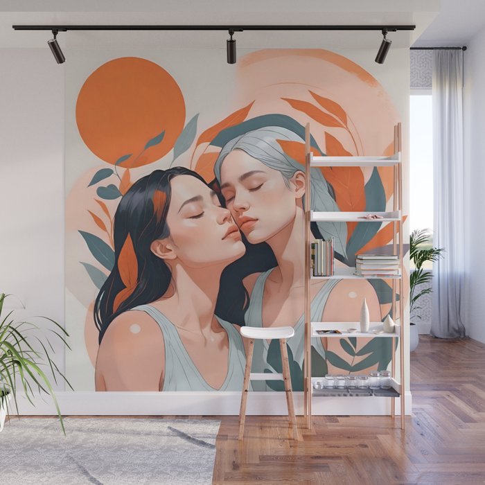 Closeness, Two Women Feminism Painting, Youth Friendship Companion LGBTQ, Lovers Couple Coral Spring Wall Mural Gallery Image 1