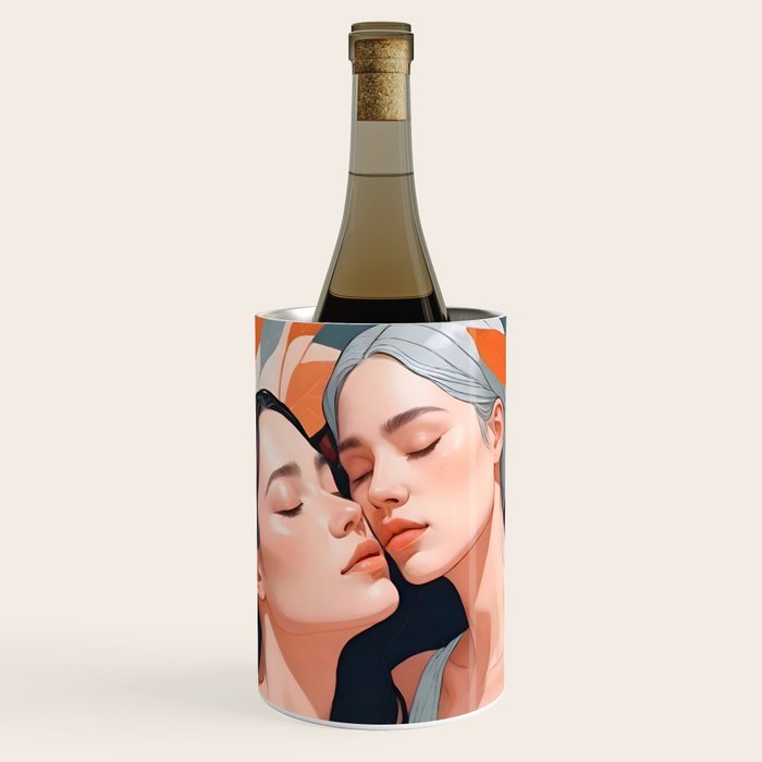 Closeness, Two Women Feminism Painting, Youth Friendship Companion LGBTQ, Lovers Couple Coral Spring Wine Chiller Gallery Image 1