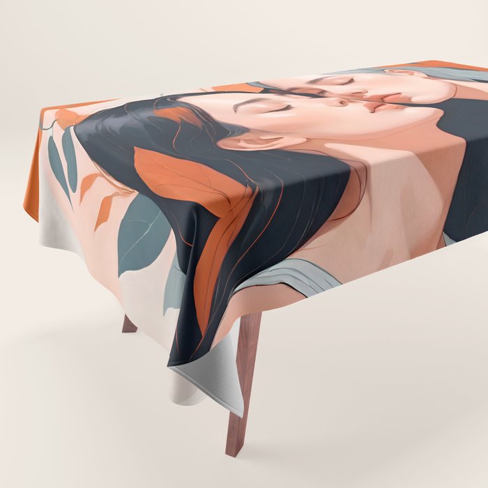 Closeness, Two Women Feminism Painting, Youth Friendship Companion LGBTQ, Lovers Couple Coral Spring Tablecloth Gallery Image 1