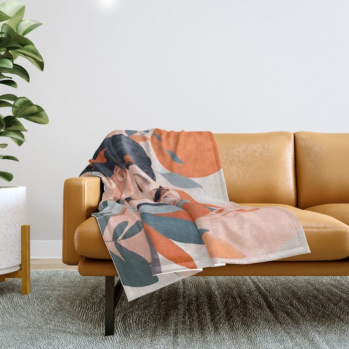 Closeness, Two Women Feminism Painting, Youth Friendship Companion LGBTQ, Lovers Couple Coral Spring Throw Blanket Gallery Image 1