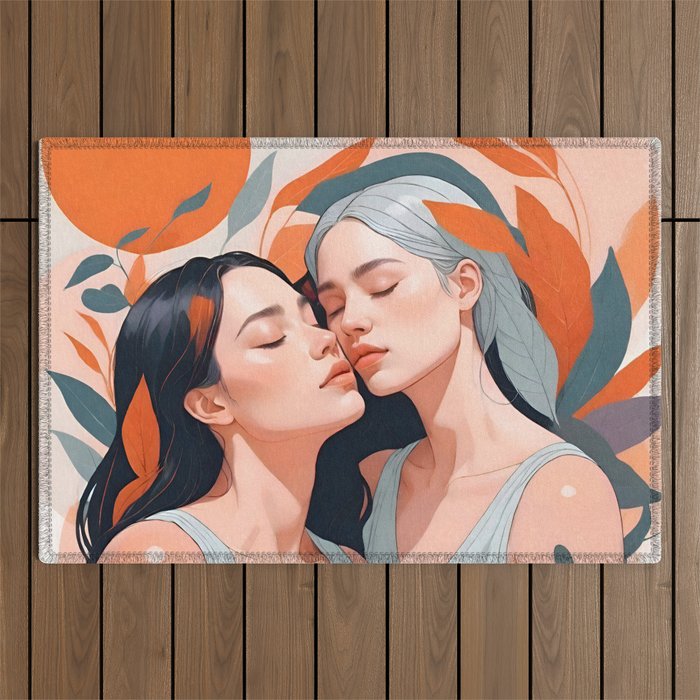 Closeness, Two Women Feminism Painting, Youth Friendship Companion LGBTQ, Lovers Couple Coral Spring Outdoor Rug Gallery Image 1