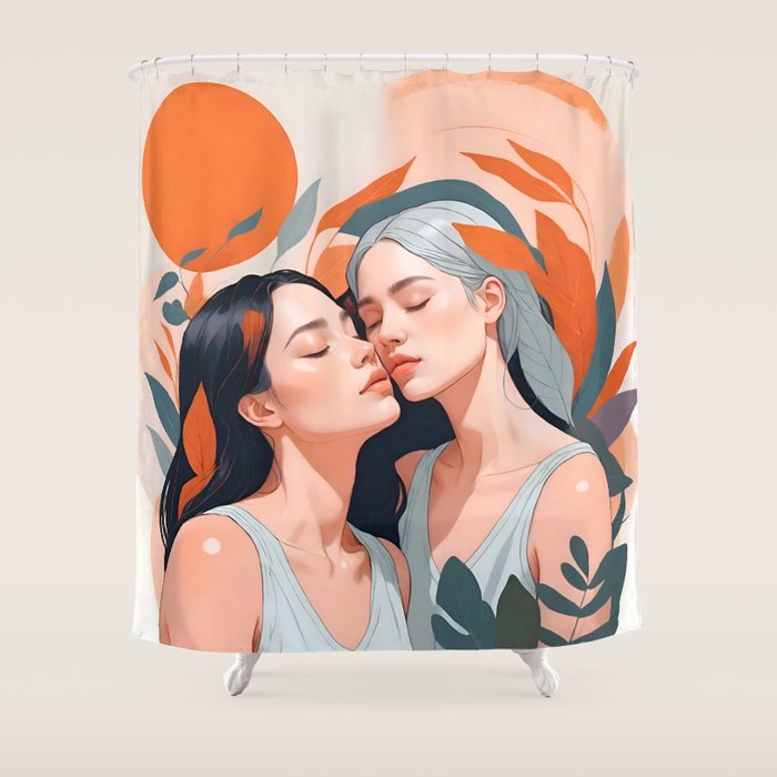 Closeness, Two Women Feminism Painting, Youth Friendship Companion LGBTQ, Lovers Couple Coral Spring Shower Curtain Gallery Image 1