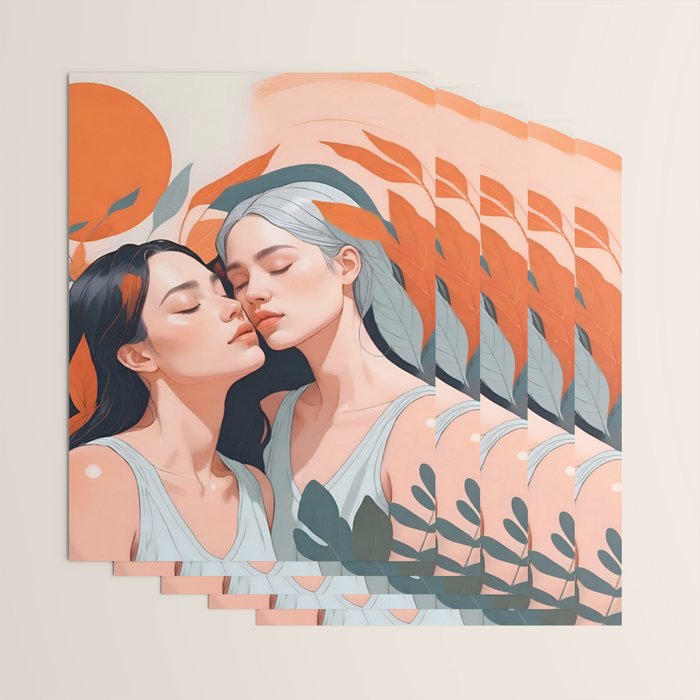 Closeness, Two Women Feminism Painting, Youth Friendship Companion LGBTQ, Lovers Couple Coral Spring Wrapping Paper Gallery Image 3