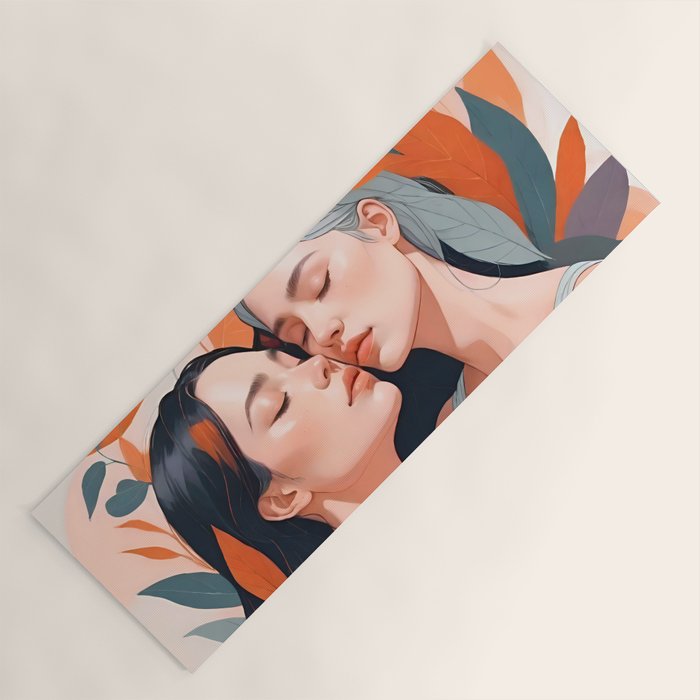 Closeness, Two Women Feminism Painting, Youth Friendship Companion LGBTQ, Lovers Couple Coral Spring Yoga Mat Gallery Image 1