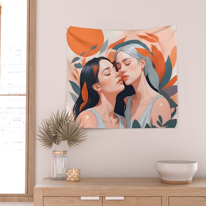 Closeness, Two Women Feminism Painting, Youth Friendship Companion LGBTQ, Lovers Couple Coral Spring Wall Tapestry Gallery Image 2