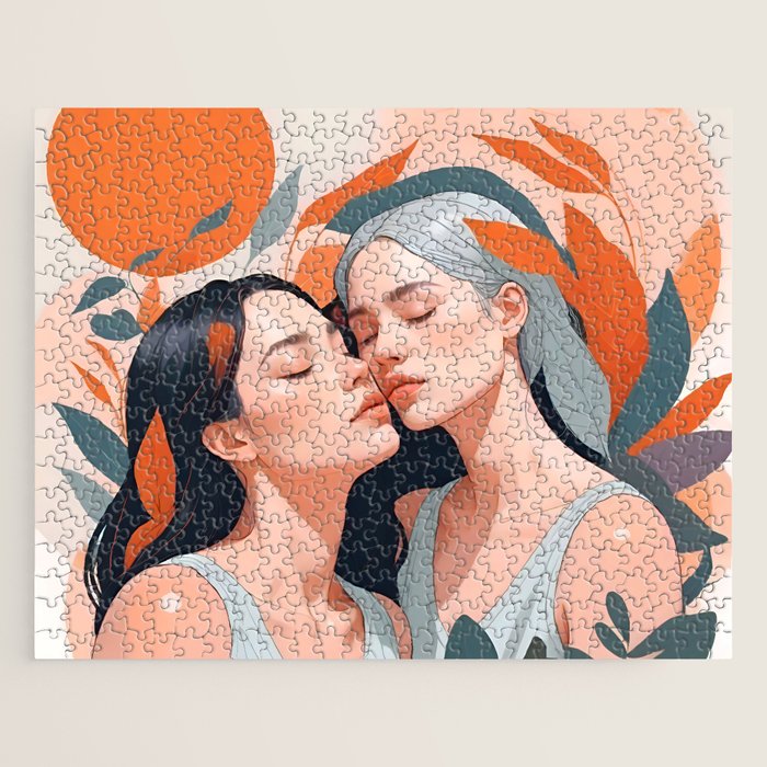 Closeness, Two Women Feminism Painting, Youth Friendship Companion LGBTQ, Lovers Couple Coral Spring Jigsaw Puzzle Gallery Image 1