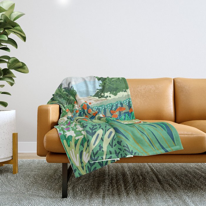 Solo Walk, Nature Jungle Forest Tropical Colorful Vibrant Bortanical Illustration Painting Throw Blanket Gallery Image 1