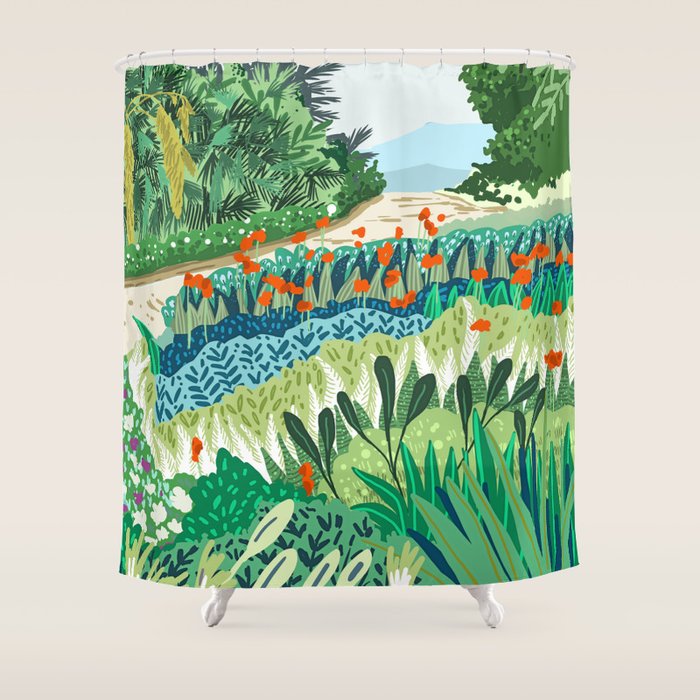 Solo Walk, Nature Jungle Forest Tropical Colorful Vibrant Bortanical Illustration Painting Shower Curtain Gallery Image 1