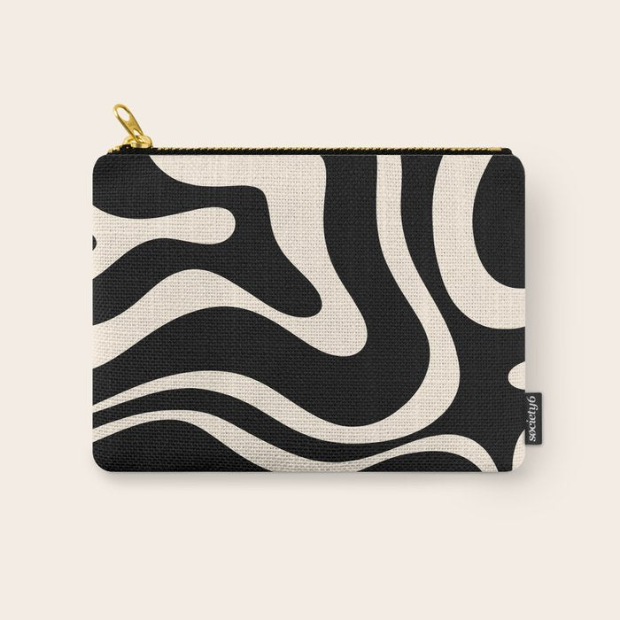 Modern Liquid Swirl Abstract Pattern Square in Black and Almond Cream  Carry All Pouch Gallery Image 1