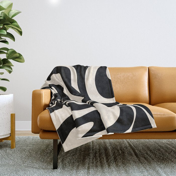 Modern Liquid Swirl Abstract Pattern Square in Black and Almond Cream  Throw Blanket Gallery Image 1