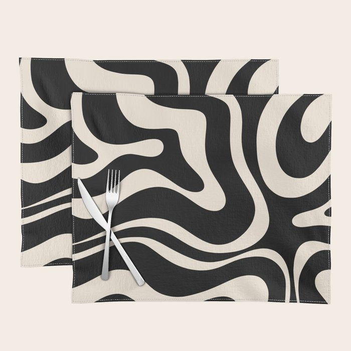 Modern Liquid Swirl Abstract Pattern Square in Black and Almond Cream  Placemat Gallery Image 1