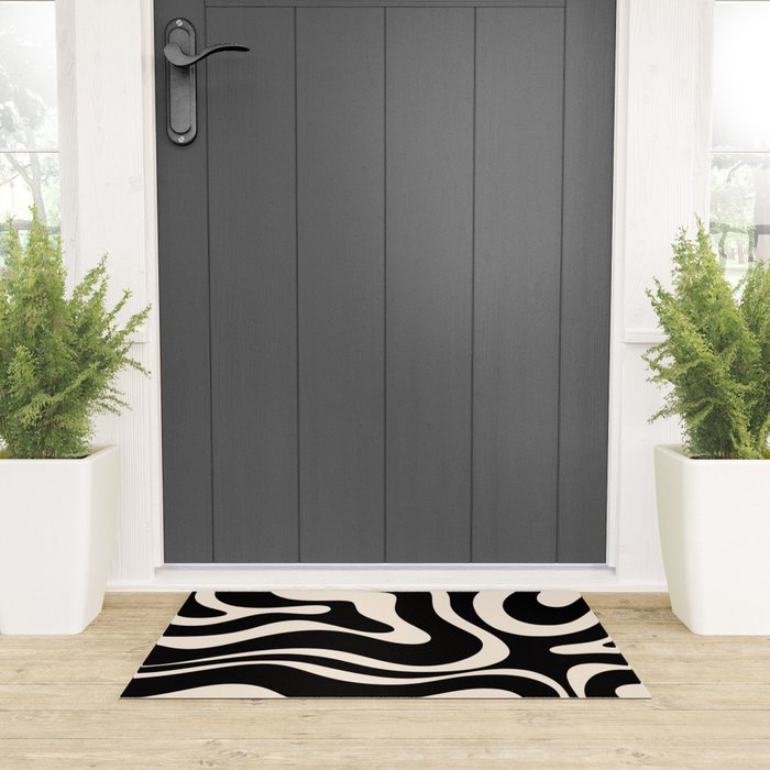 Modern Liquid Swirl Abstract Pattern Square in Black and Almond Cream  Welcome Mat Gallery Image 3