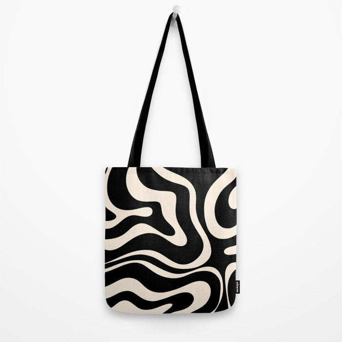 Modern Liquid Swirl Abstract Pattern Square in Black and Almond Cream  Tote Bag Gallery Image 2