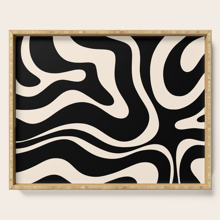 Modern Liquid Swirl Abstract Pattern Square in Black and Almond Cream  Serving Tray Gallery Image 1