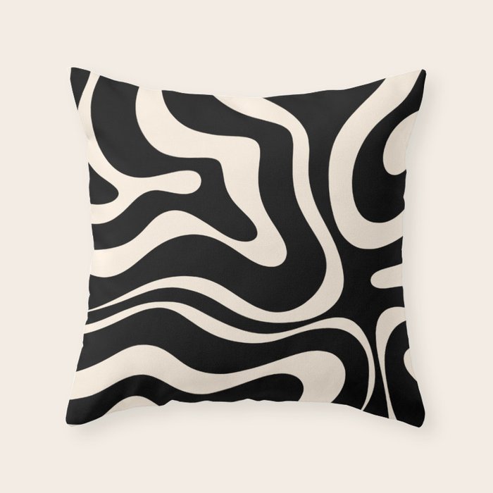 Modern Liquid Swirl Abstract Pattern Square in Black and Almond Cream  Throw Pillow Gallery Image 6