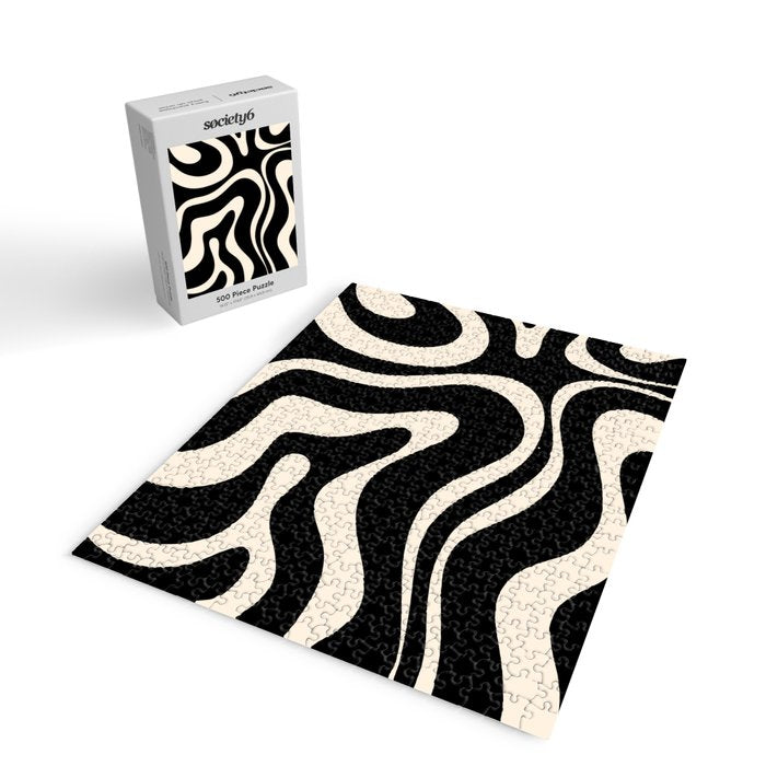 Modern Liquid Swirl Abstract Pattern Square in Black and Almond Cream  Jigsaw Puzzle Gallery Image 2