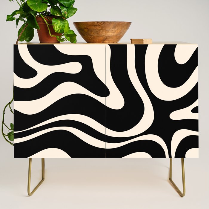 Modern Liquid Swirl Abstract Pattern Square in Black and Almond Cream  Credenza Gallery Image 1