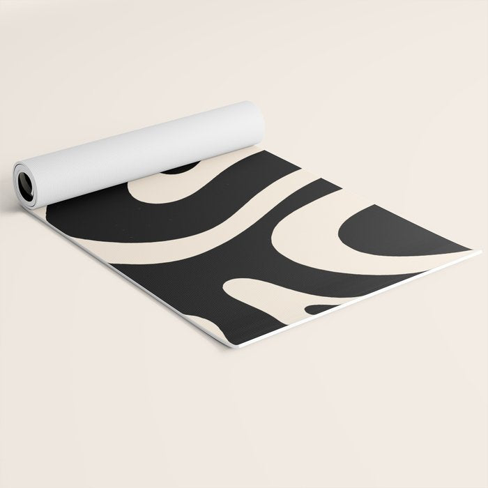 Modern Liquid Swirl Abstract Pattern Square in Black and Almond Cream  Yoga Mat Gallery Image 2