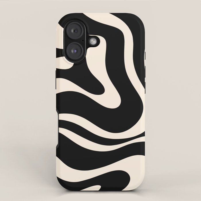 Modern Liquid Swirl Abstract Pattern Square in Black and Almond Cream  iPhone Case Gallery Image 1