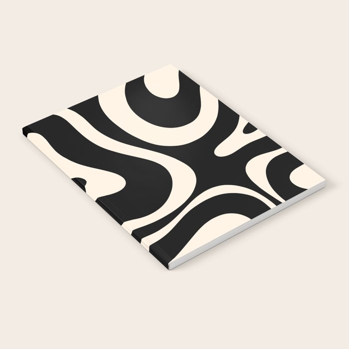 Modern Liquid Swirl Abstract Pattern Square in Black and Almond Cream  Notebook Gallery Image 1