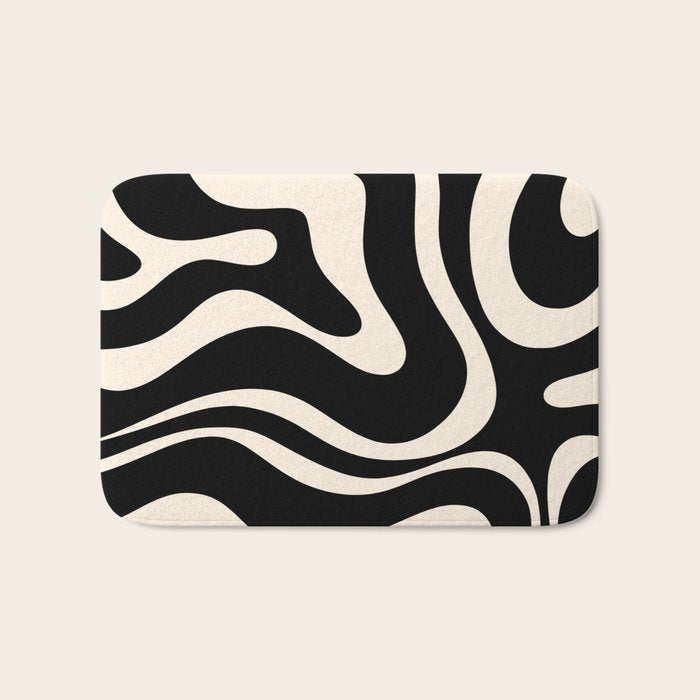 Modern Liquid Swirl Abstract Pattern Square in Black and Almond Cream  Bath Mat Gallery Image 1