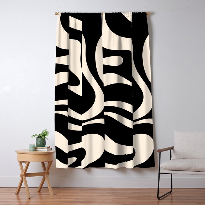 Modern Liquid Swirl Abstract Pattern Square in Black and Almond Cream  Window Curtain Gallery Image 5