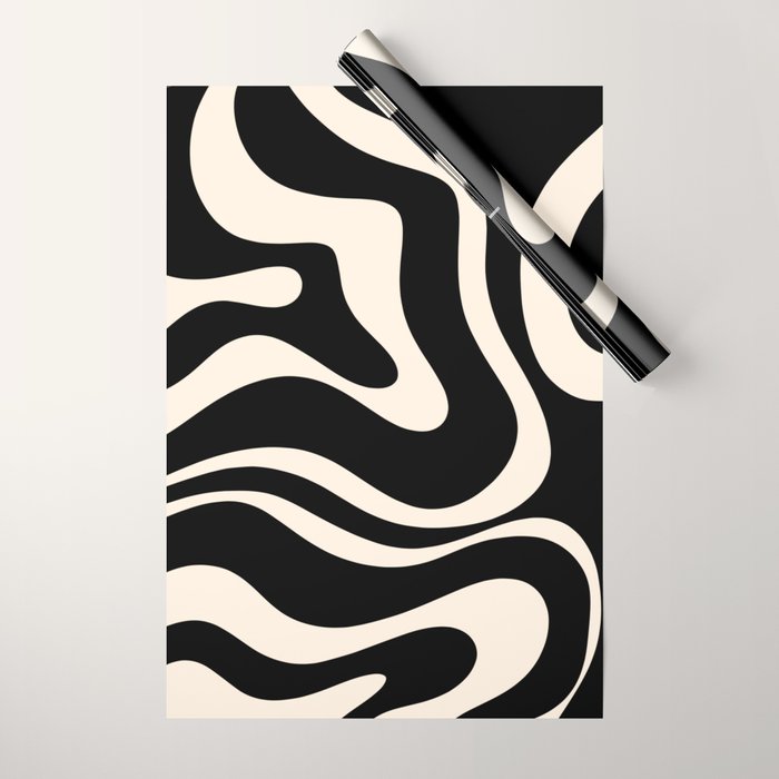 Modern Liquid Swirl Abstract Pattern Square in Black and Almond Cream  Wrapping Paper Gallery Image 1