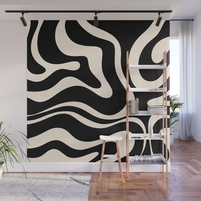 Modern Liquid Swirl Abstract Pattern Square in Black and Almond Cream  Wall Mural Gallery Image 1