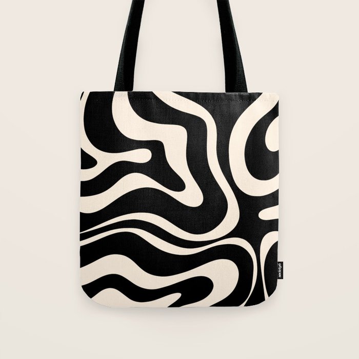 Modern Liquid Swirl Abstract Pattern Square in Black and Almond Cream  Tote Bag Gallery Image 1