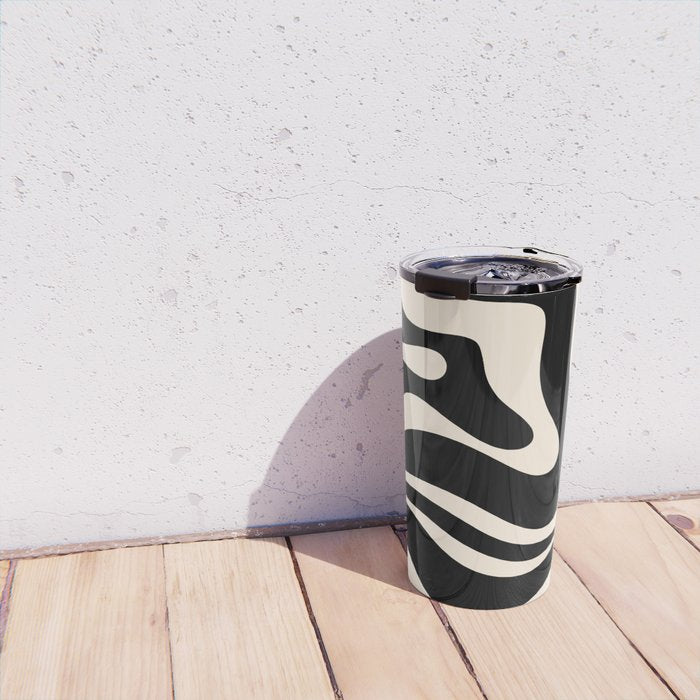 Modern Liquid Swirl Abstract Pattern Square in Black and Almond Cream  Travel Mug Gallery Image 4