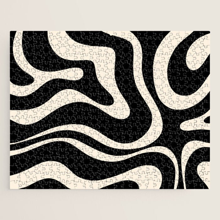 Modern Liquid Swirl Abstract Pattern Square in Black and Almond Cream  Jigsaw Puzzle Gallery Image 1