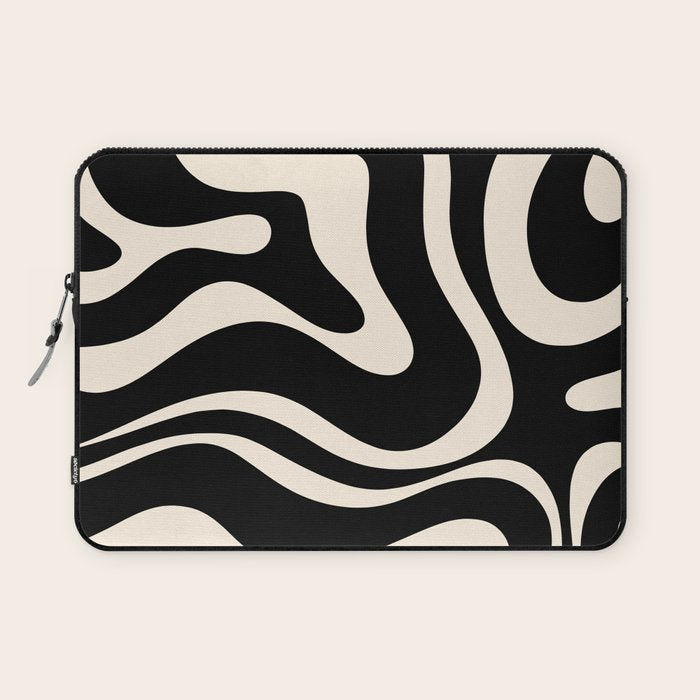 Modern Liquid Swirl Abstract Pattern Square in Black and Almond Cream  Laptop Sleeve Gallery Image 1