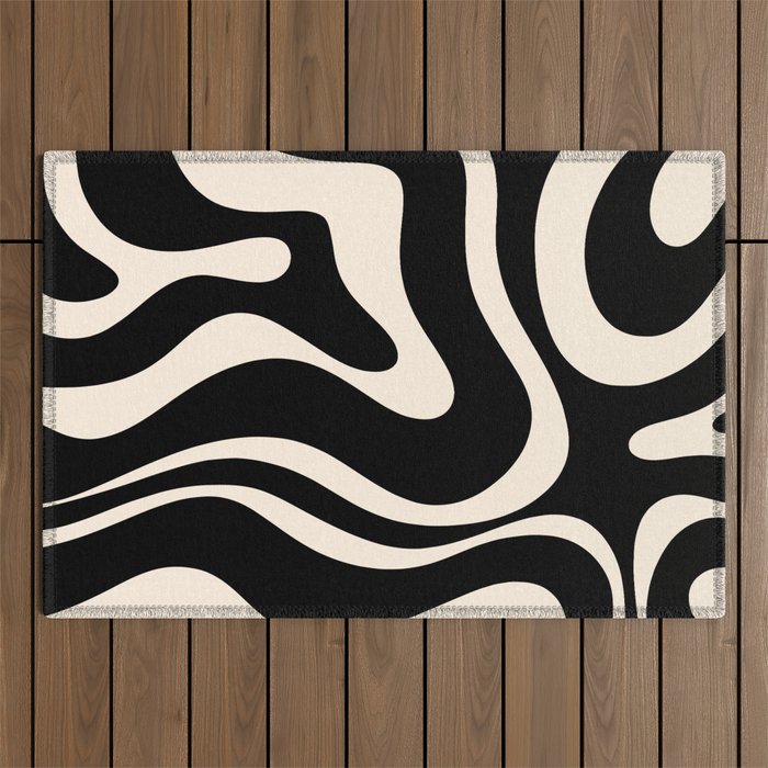 Modern Liquid Swirl Abstract Pattern Square in Black and Almond Cream  Outdoor Rug Gallery Image 1