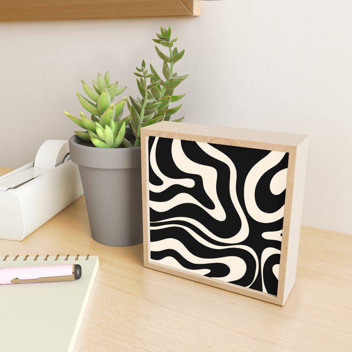 Modern Liquid Swirl Abstract Pattern Square in Black and Almond Cream  Mini Art Print Gallery Image 2