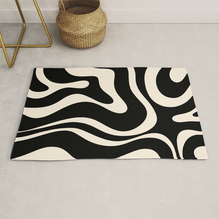 Modern Liquid Swirl Abstract Pattern Square in Black and Almond Cream  Rug Gallery Image 1